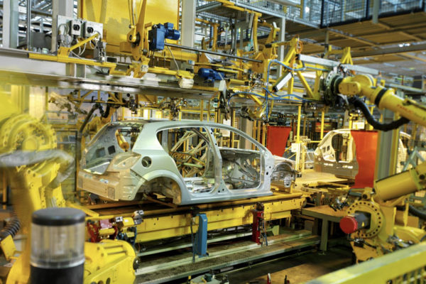 Incomplete Car Being Manufactured in a Factory
